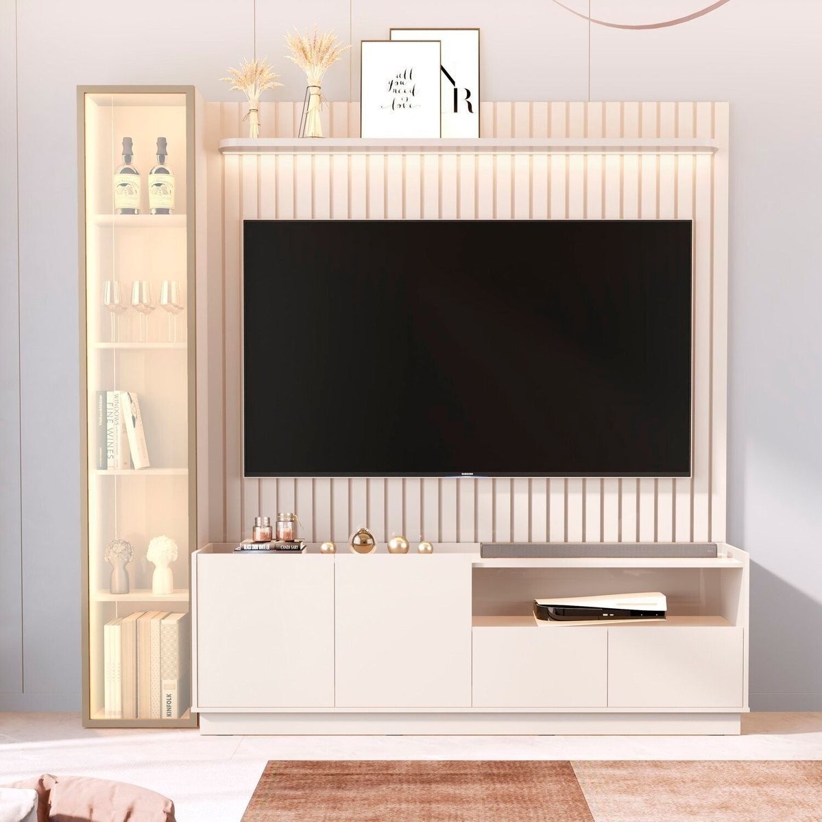 Rack Com Painel Para Tv 75 Polegadas 100% Mdf Com Led Vitoria Regia Off White