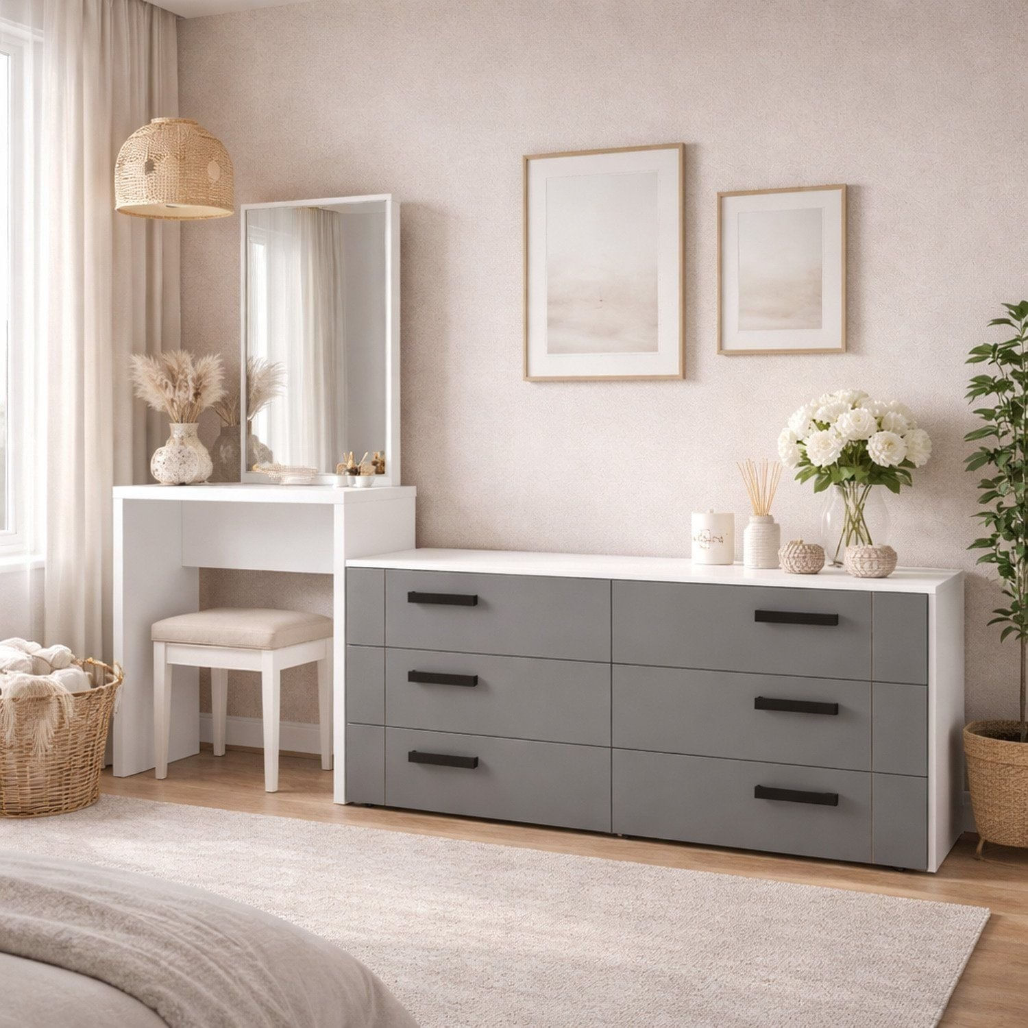 Cômoda Penteadeira 6 Gavetas Lisboa Cinza/branco