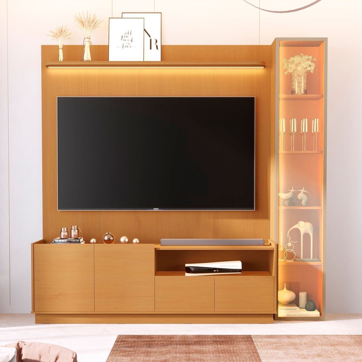 Rack Com Painel Para Tv 75 Polegadas 100% Mdf Com Led Vitoria Regia Nature