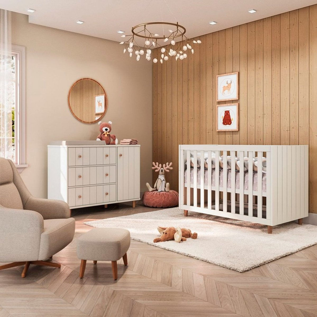 Quarto De Bebê Completo Com Berço 3 Em 1 Valentina Branco Soft / Jequitibá