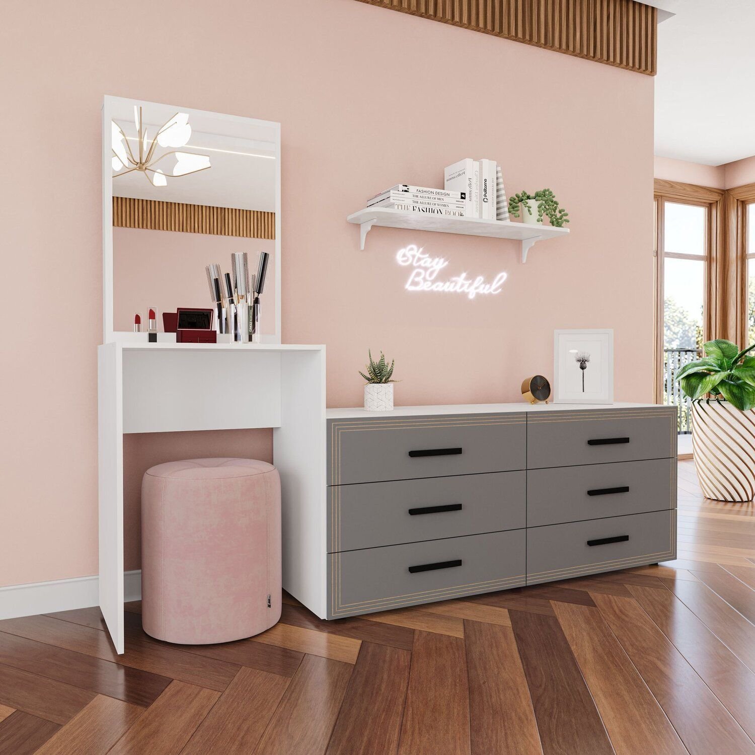 Cômoda Penteadeira 6 Gavetas Valência Cinza/branco