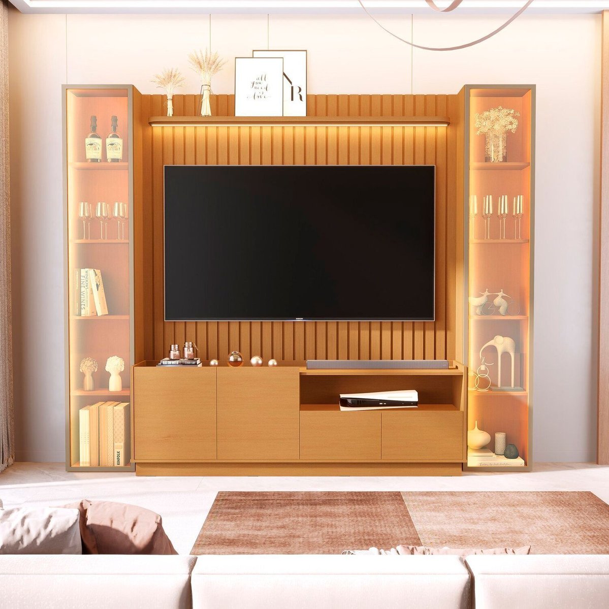 Rack Com Painel Ripado Para Tv 75 Polegadas 100% Mdf 2 Torre Com Porta Reflecta Led Vitoria Regia Nature