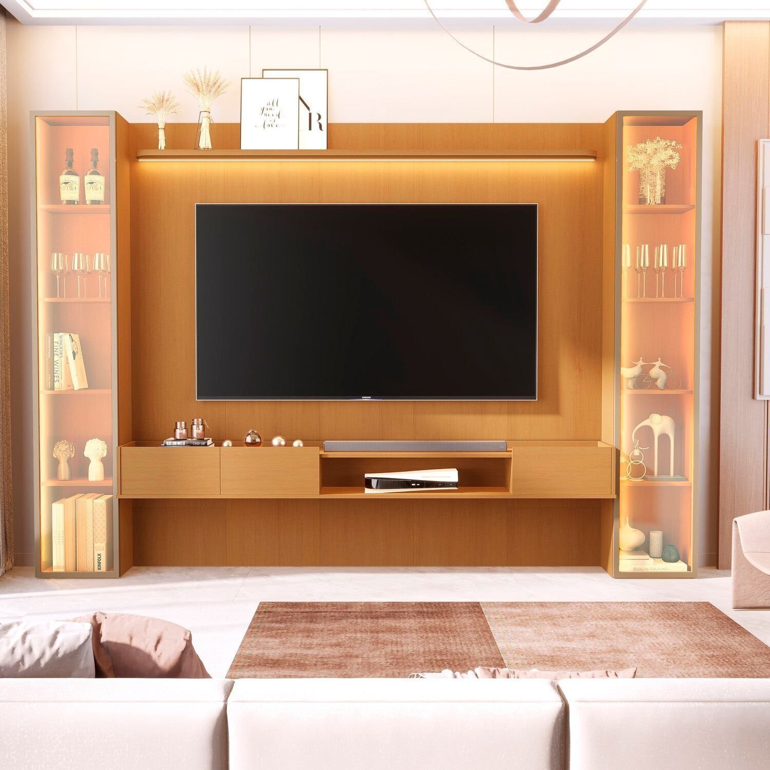 Painel Para Tv 84 Polegadas 100% Mdf Com 2 Torre Com Porta Reflecta Led Vitoria Regia Nature