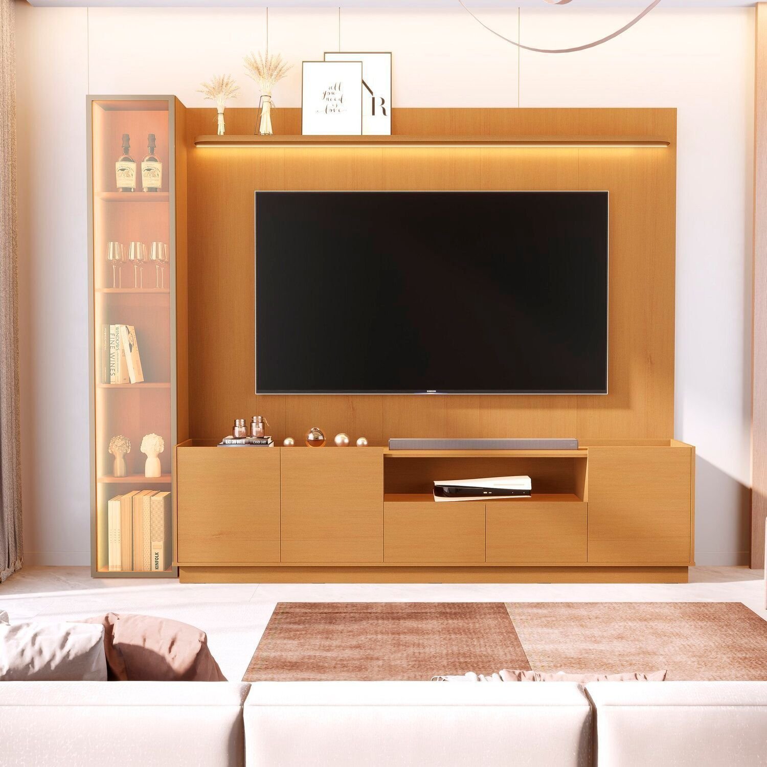 Rack Com Painel Para Tv 84 Polegadas Com Porta Reflecta Led 100% Mdf Vitoria Regia Nature