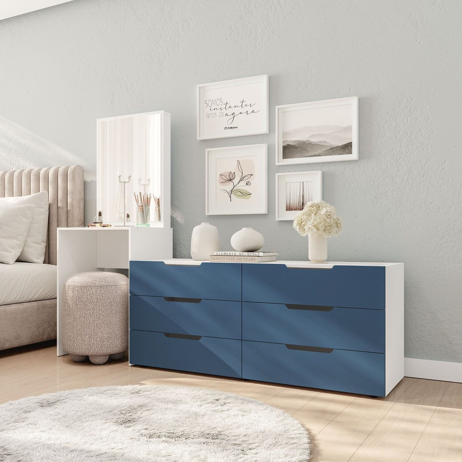 Cômoda Penteadeira 6 Gavetas Madrid Azul/branco