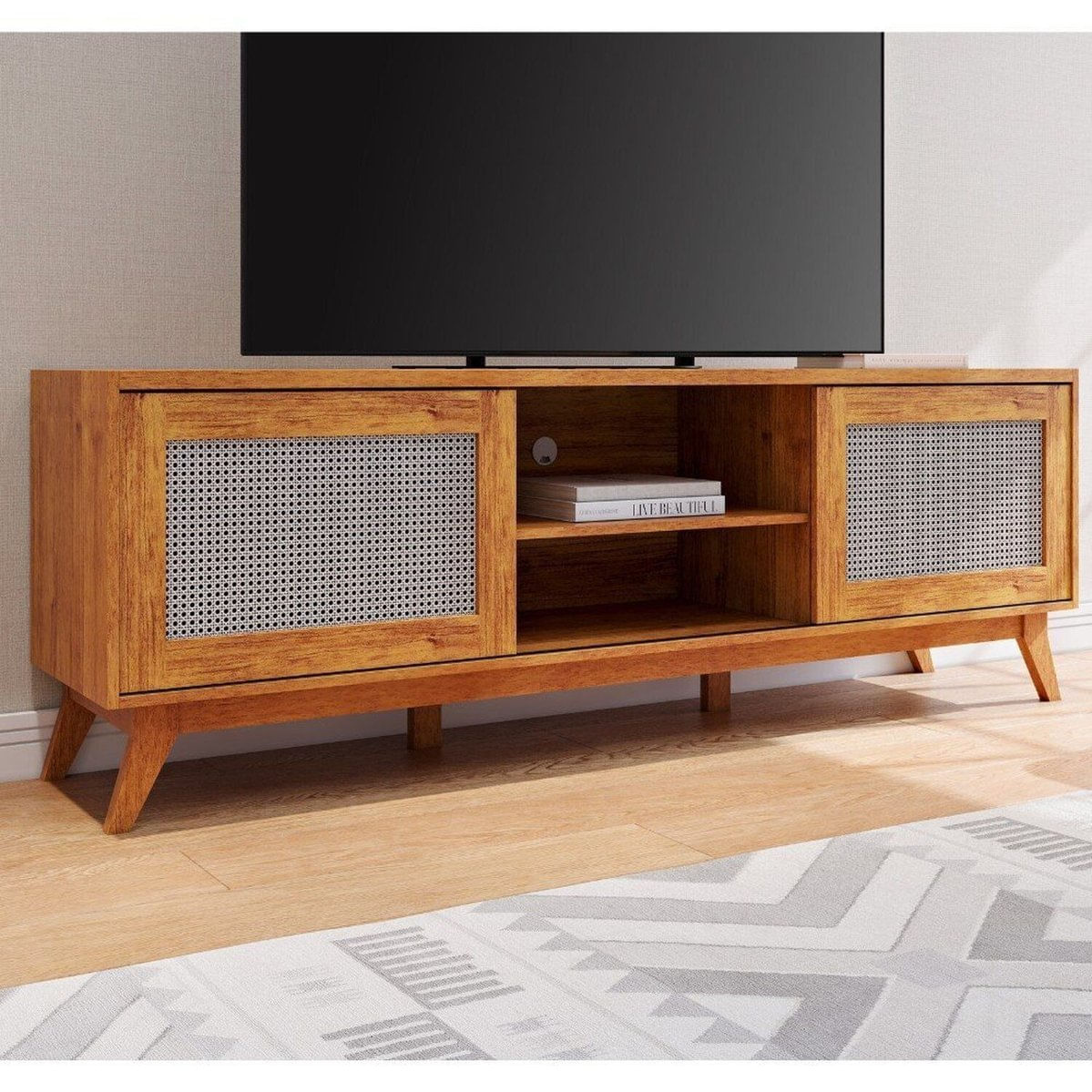 Rack Para Tv Até 75 Polegadas 2 Portas Com Palha Natural 1 Prateleira Nolan Mel