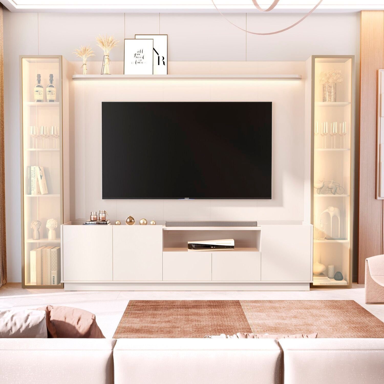 Rack Com Painel Para Tv 84 Polegadas 100% Mdf Com Led Vitoria Regia Off White