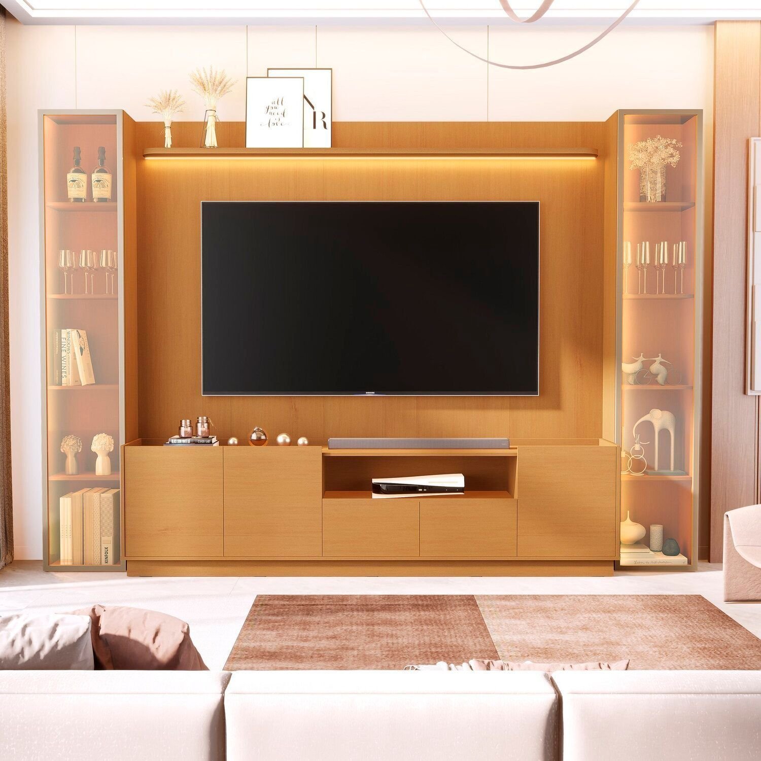 Rack Com Painel Para Tv 84 Polegadas 100% Mdf Com Led Vitoria Regia Nature