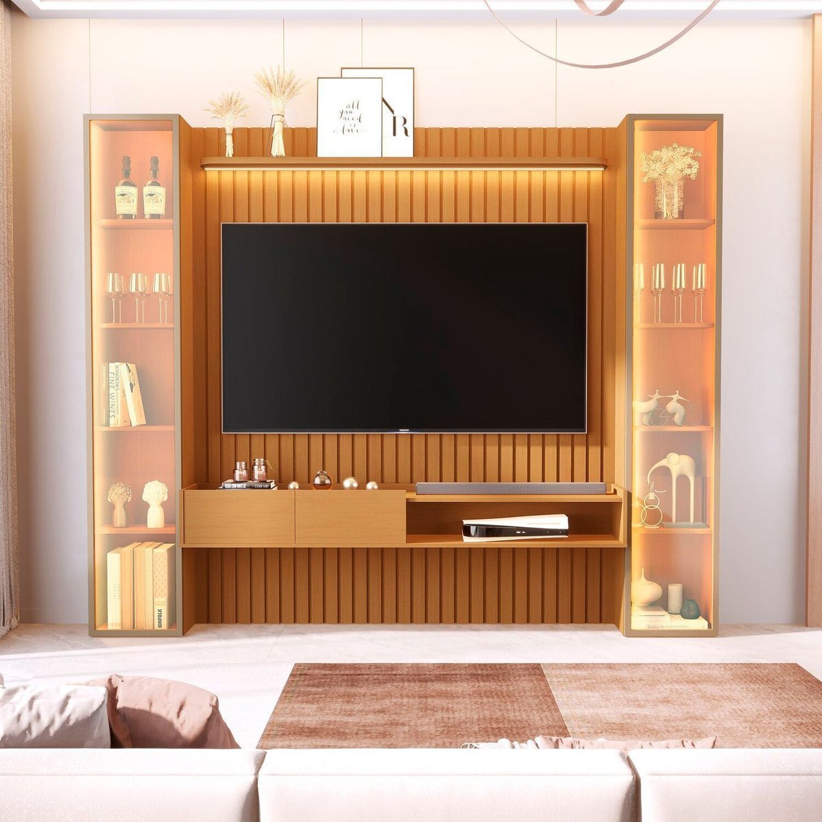 Painel Para Tv 75 Polegadas 100% Mdf Com Led E 2 Torres Porta Reflecta Vitoria Regia Nature