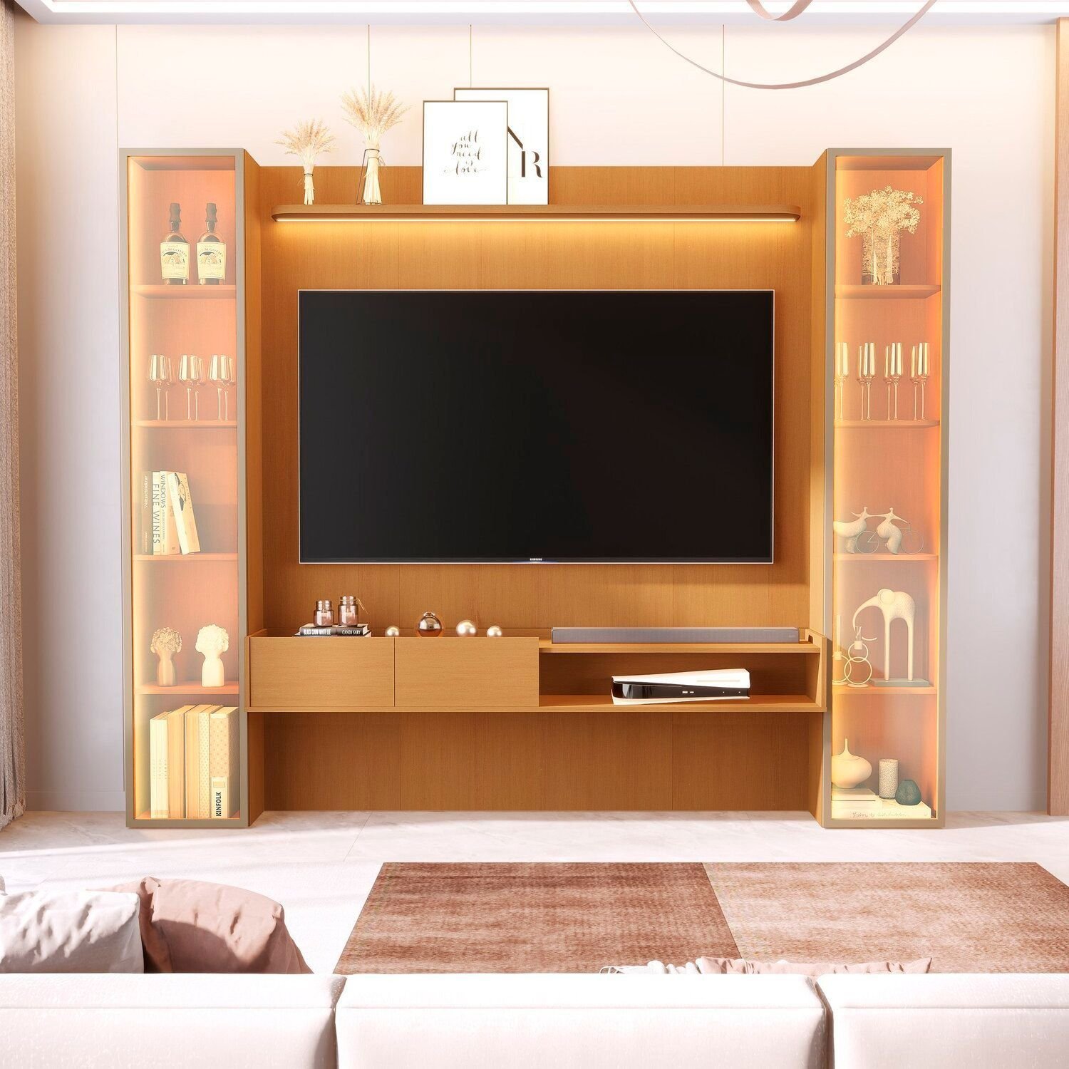 Painel Para Tv 75 Polegadas 100% Mdf Com Led E 2 Torres Porta Reflecta Vitoria Regia Nature