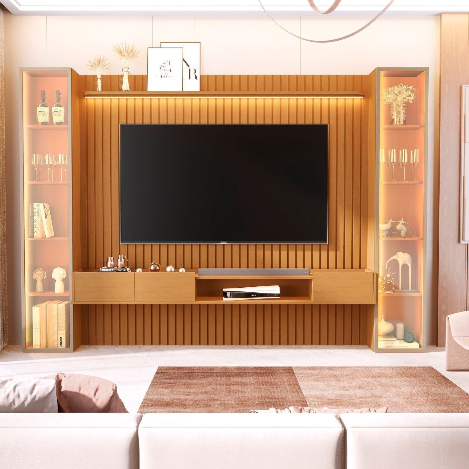 Painel Ripado Para Tv 84 Polegadas 100% Mdf Com 2 Torre Porta Reflecta Led Vitoria Regia Nature