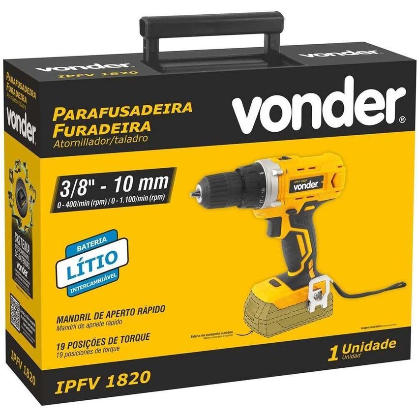 Parafusadeira Furadeira A Bateria, 18 V, Sem Bateria E Sem Carregador, Ipfv 1820 Vonder - imagem 3