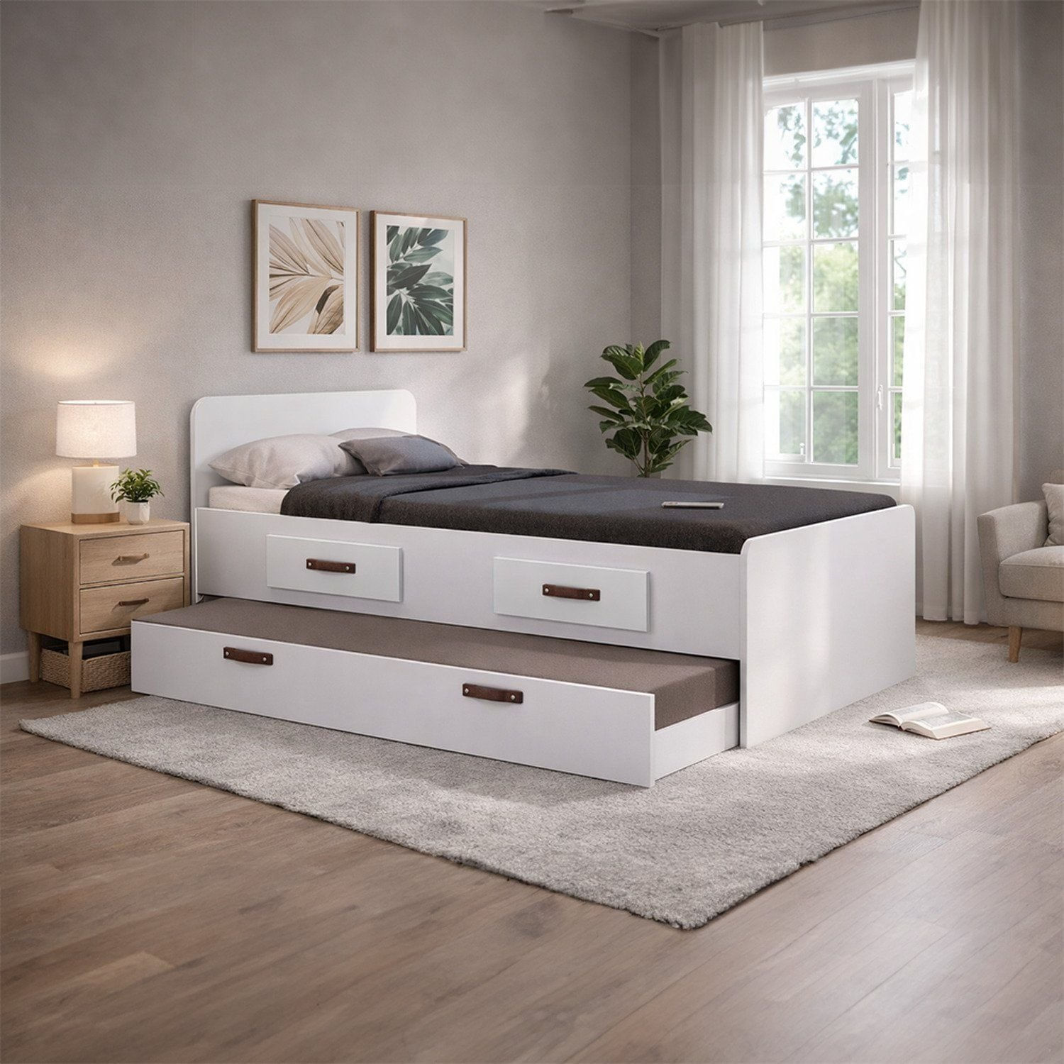 Cama Solteiro Com Gaveta E Cama Auxiliar Cindy Branco