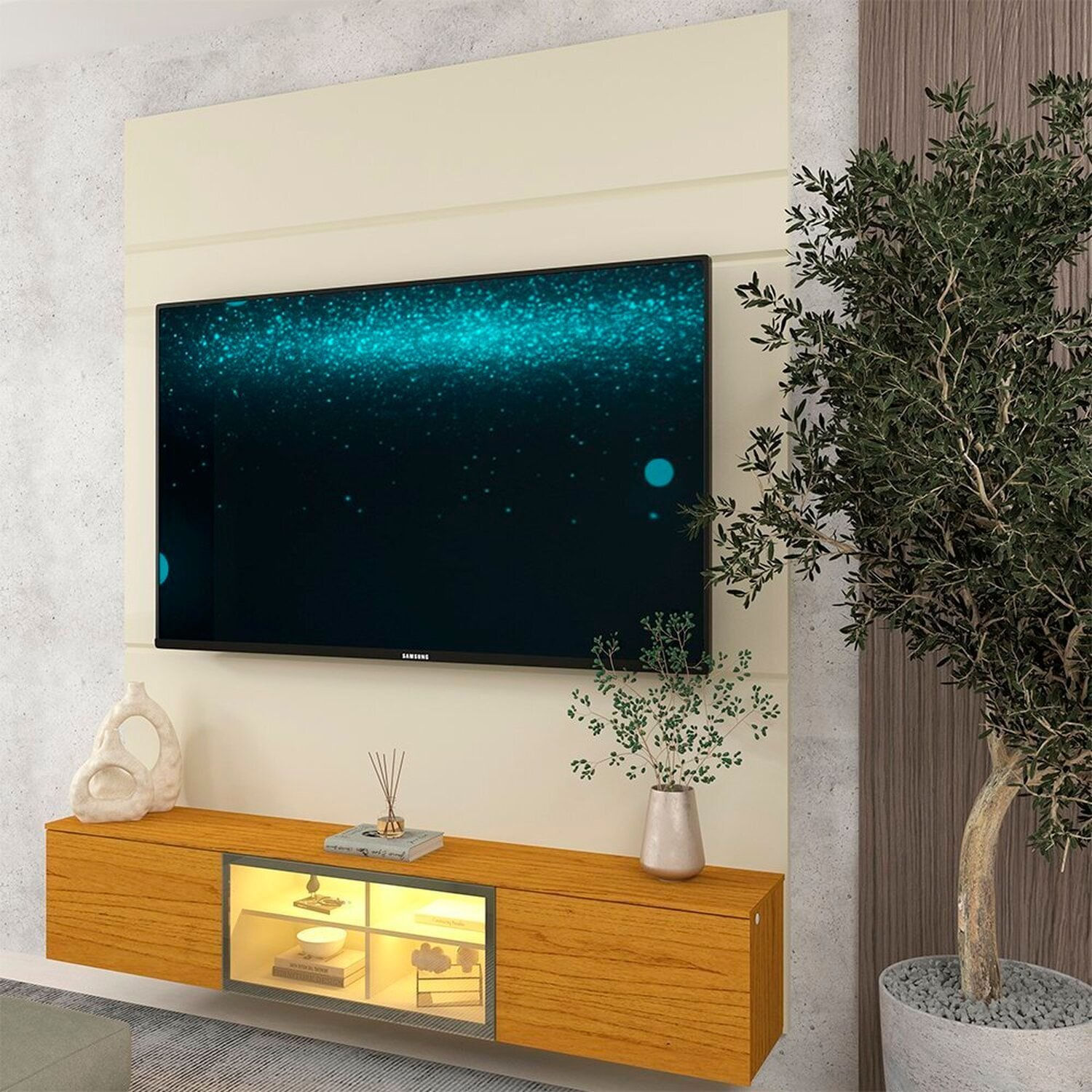 Estante Para Tv 75 Polegadas 153cm 100% Mdf Com Led E Porta Reflecta Luminare Off White/naturale