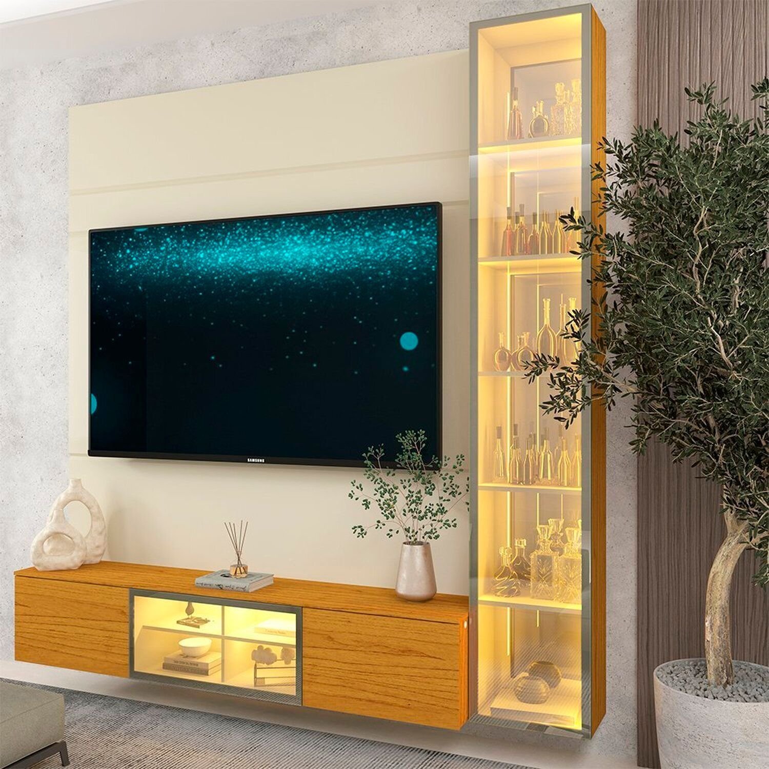 Estante Home Para Tv 84 Polegadas 191cm Com Porta Reflecta Led 100% Mdf Luminare Off White/naturale