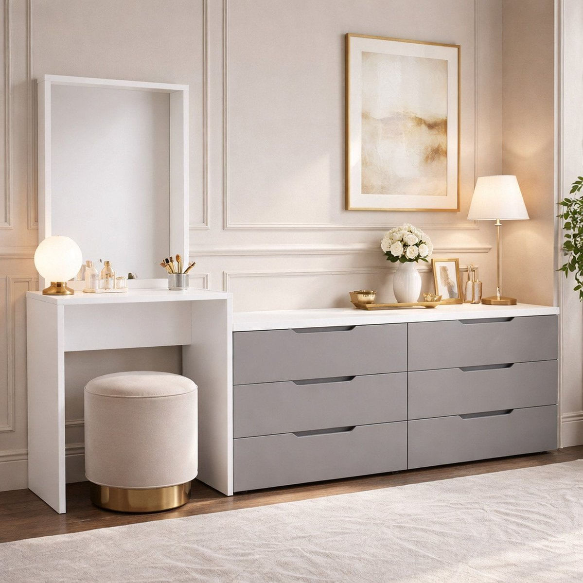 Cômoda Penteadeira 6 Gavetas Madrid Cinza/branco
