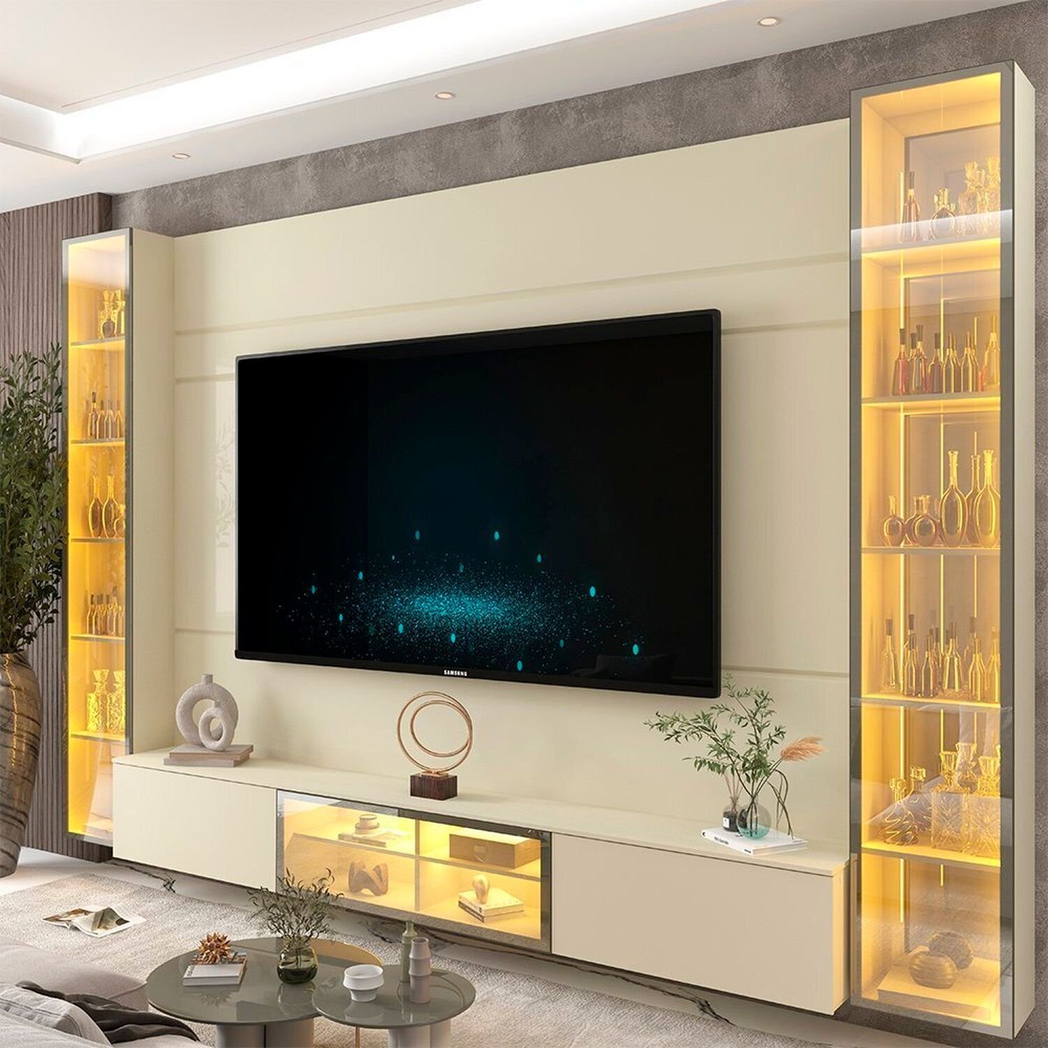 Estante Para Tv 84 Polegadas 217,6cmx293cm Com Porta Reflecta Led 100% Mdf Luminare Off White/off White