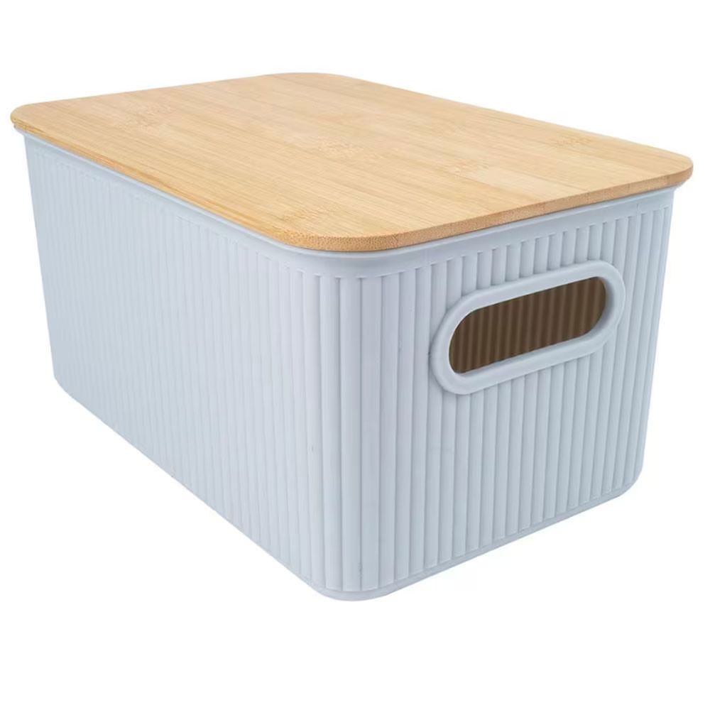 Cesta Retangular L'Hermitage Com Tampa Em Bambu E Alça 10x12x16cm - Cinza