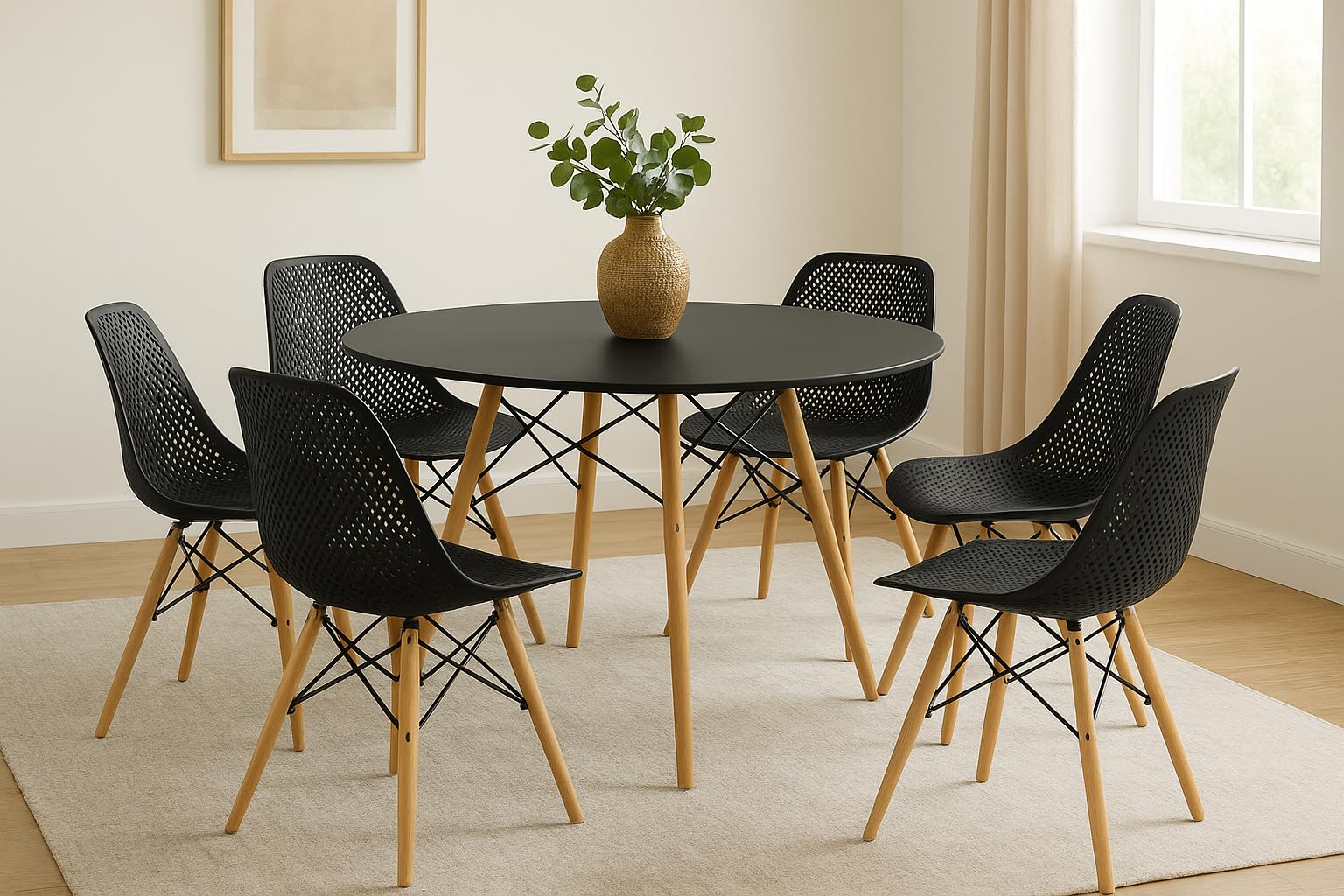 Conjunto Mesa Eiffel 120cm Com 6 Cadeiras Charles Eames Colmeia Preta