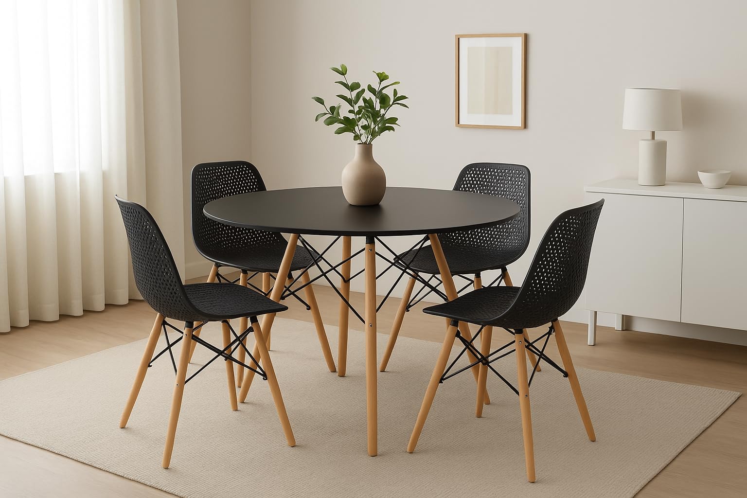 Kit Mesa Jantar Eiffel 100cm + 4 Cadeiras Colmeia Charles Eames, Preto