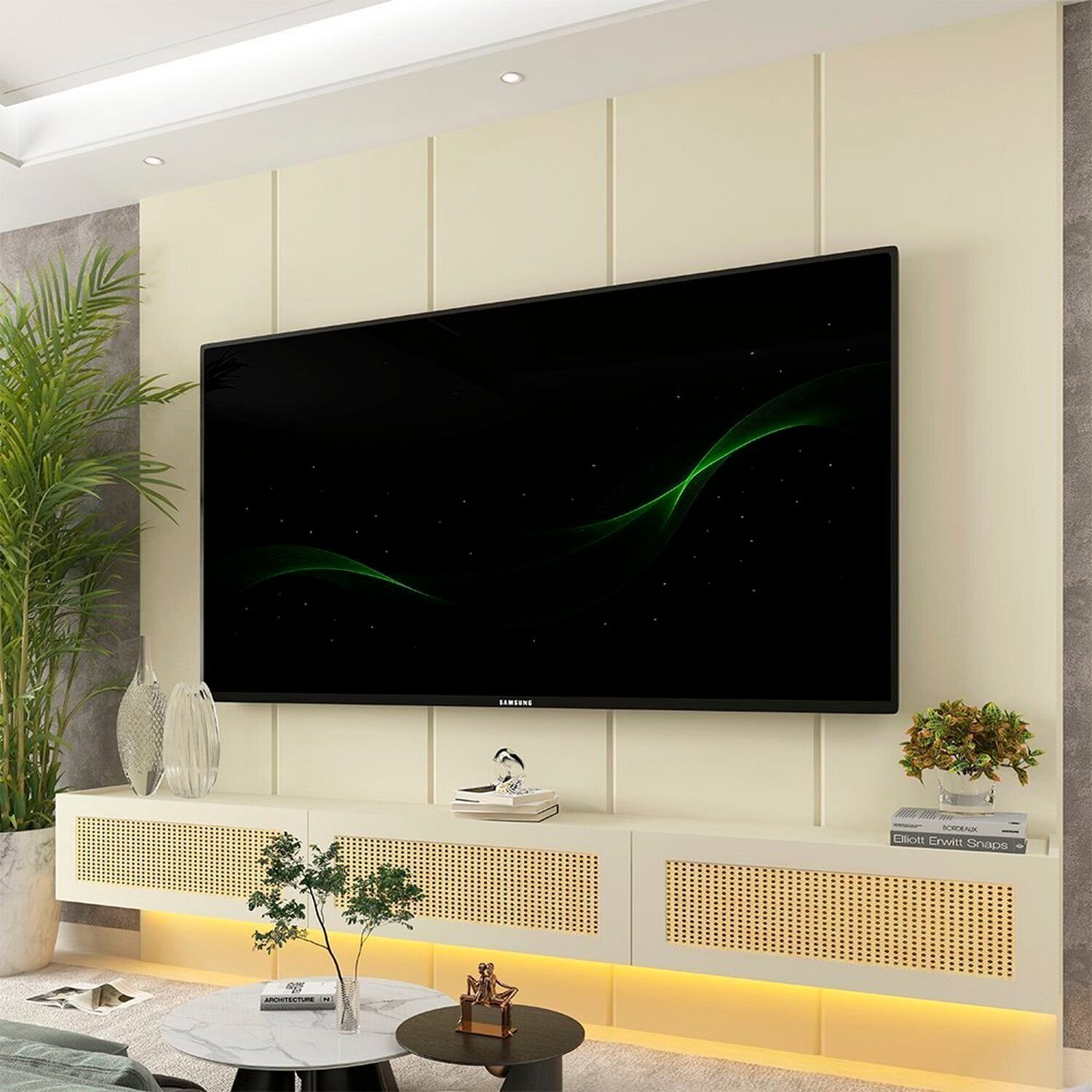 Estante Para Tv 84 Polegadas Com Led 100% Mdf 220cm Realce/Native Off White/Creme