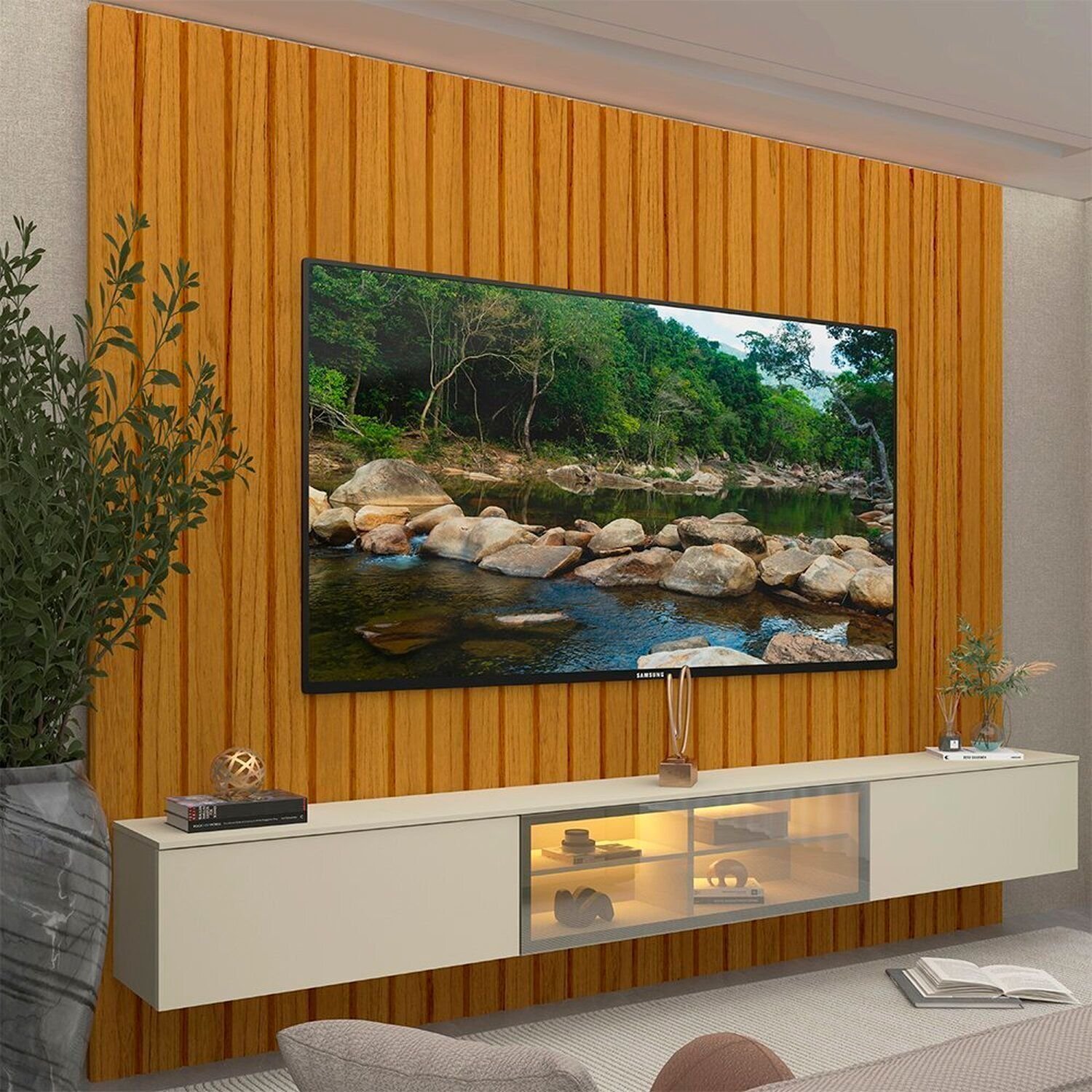 Estante Ripado Para Tv 84 Polegadas Com Led 230cm 100% Mdf Majestade/luminare Naturale/off White