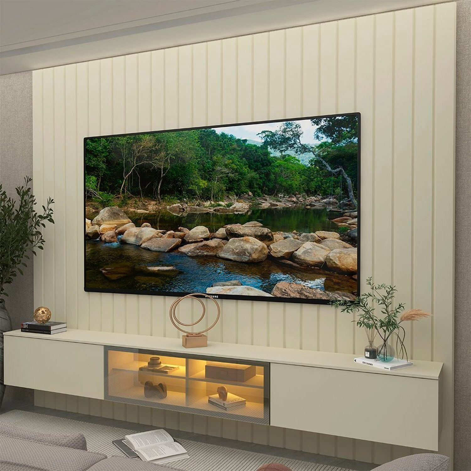 Estante Ripado Para Tv 84 Polegadas Com Led 230cm 100% Mdf Majestade/Luminare Off White/Off White