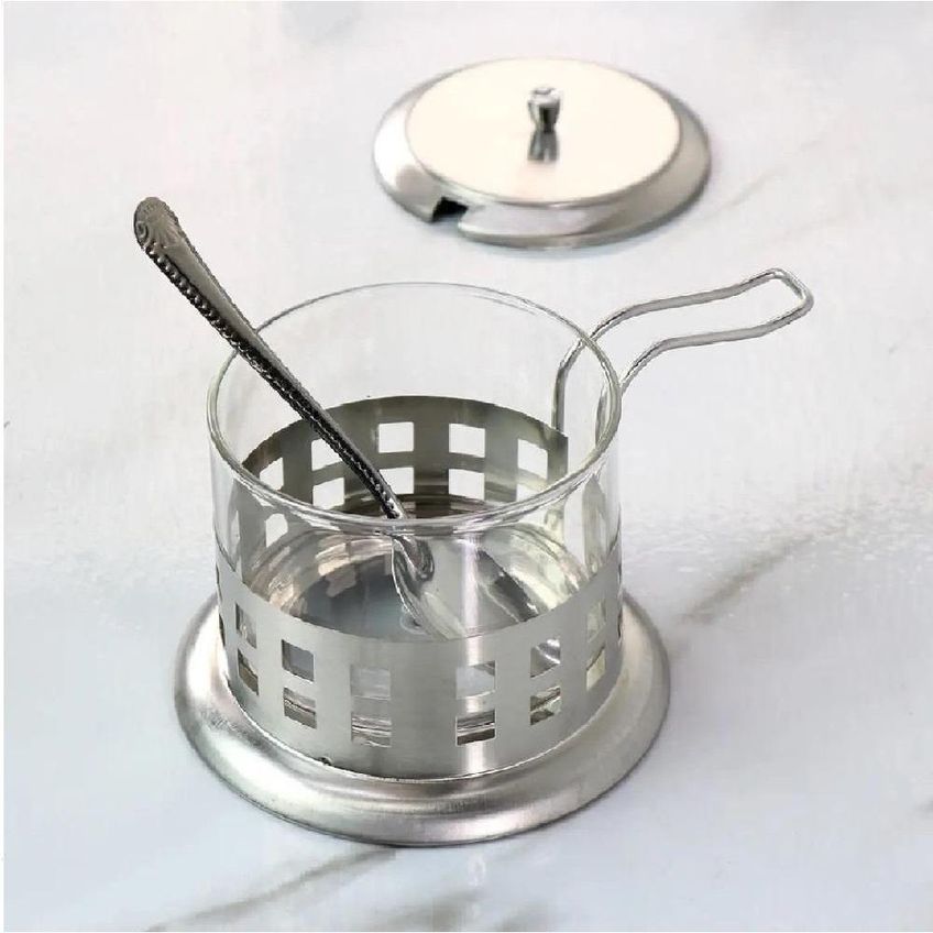 Acucareiro Inox Vidro Prata Kit Completo Luxo Colher Tampa Removível Porta Acucar Sal Pote Alca Cha Cafe - imagem 4