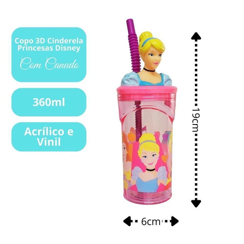 Copo Infantil Cinderela 3d Com Canudo 360ml Princesas Disney - Tuut - imagem 3