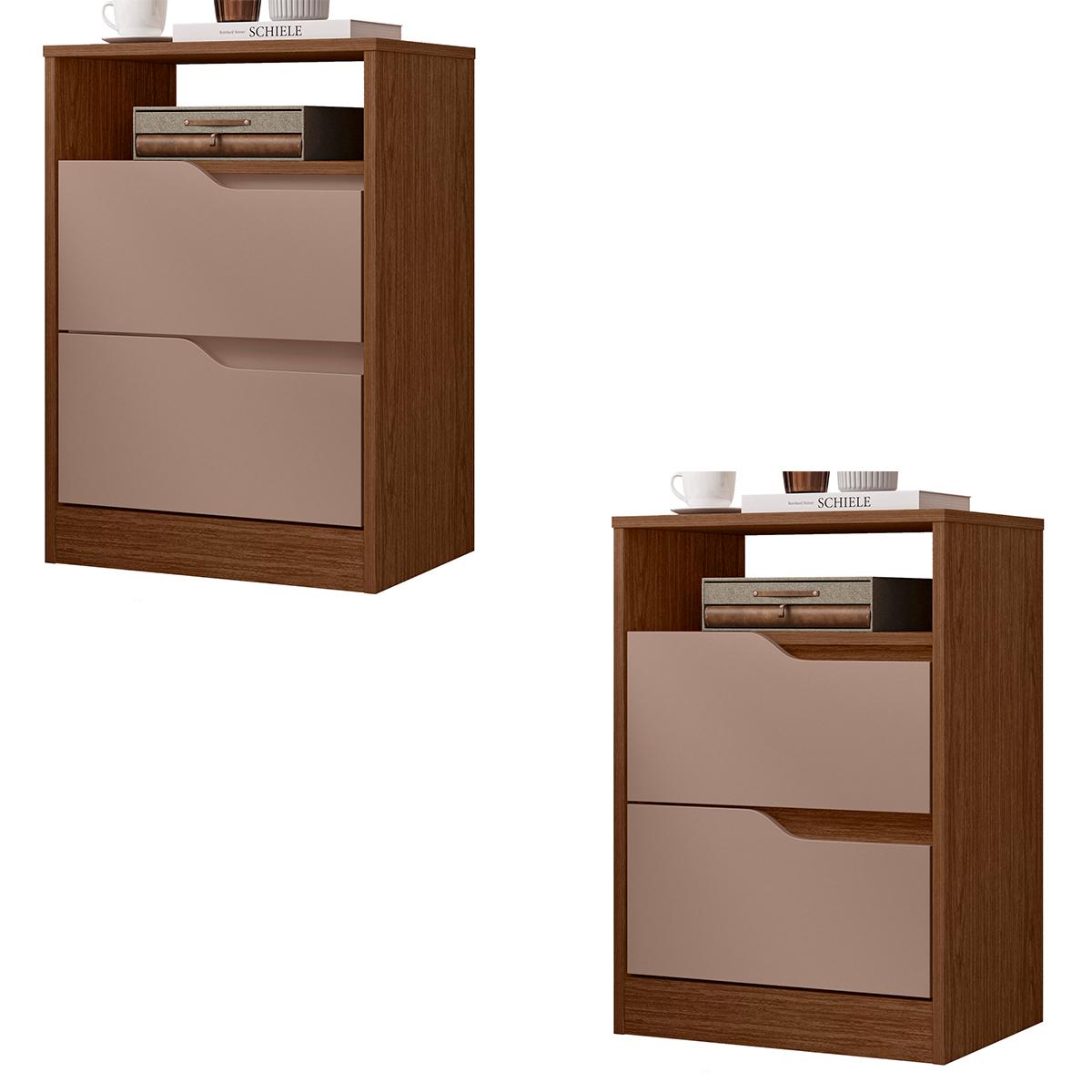 Mesa De Cabeceira Sole Com 2 Gavetas E Nicho Nogueira/Cappuccino