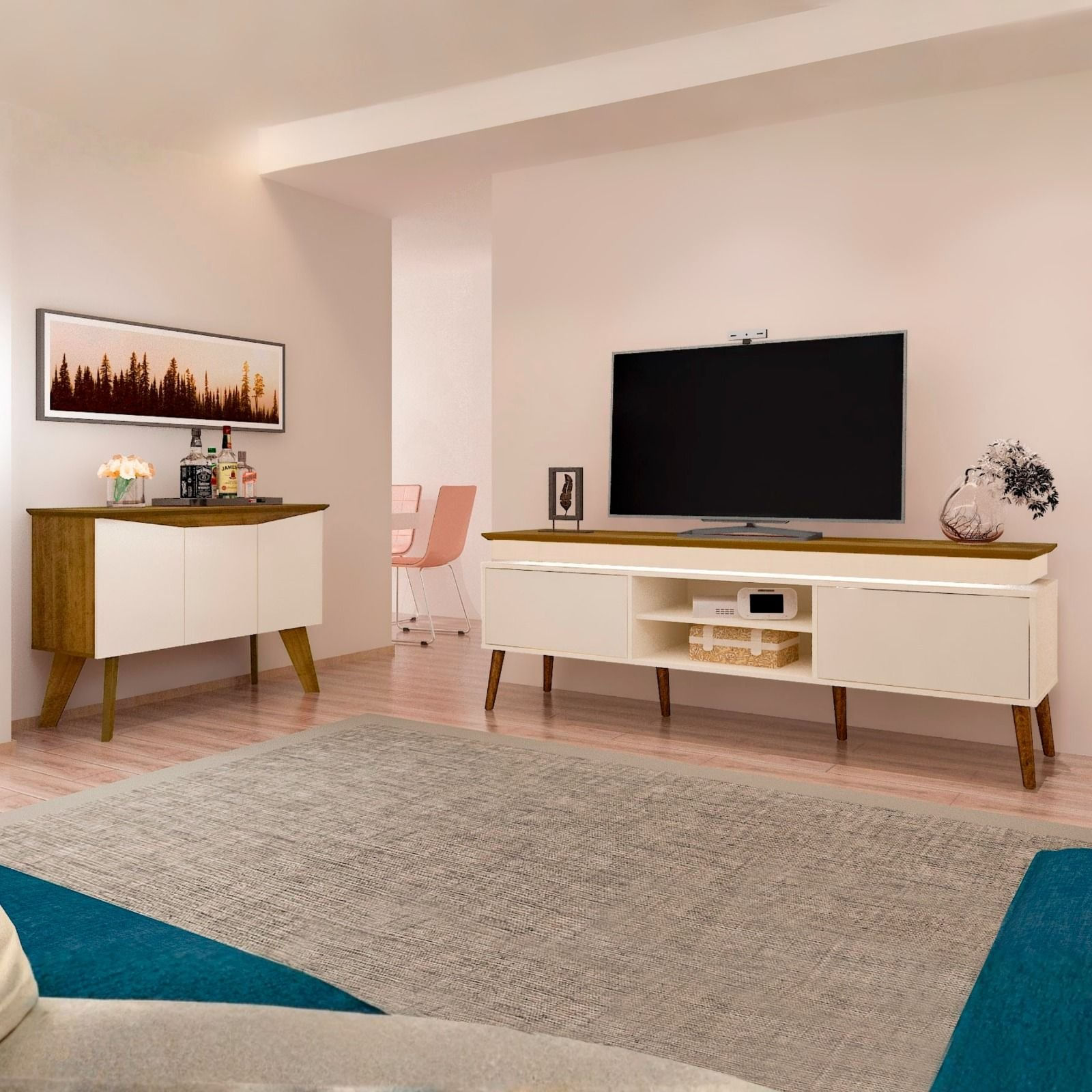 Conjunto Sala De Estar Buffet Oásis E Rack Lumina Off White/cinamomo