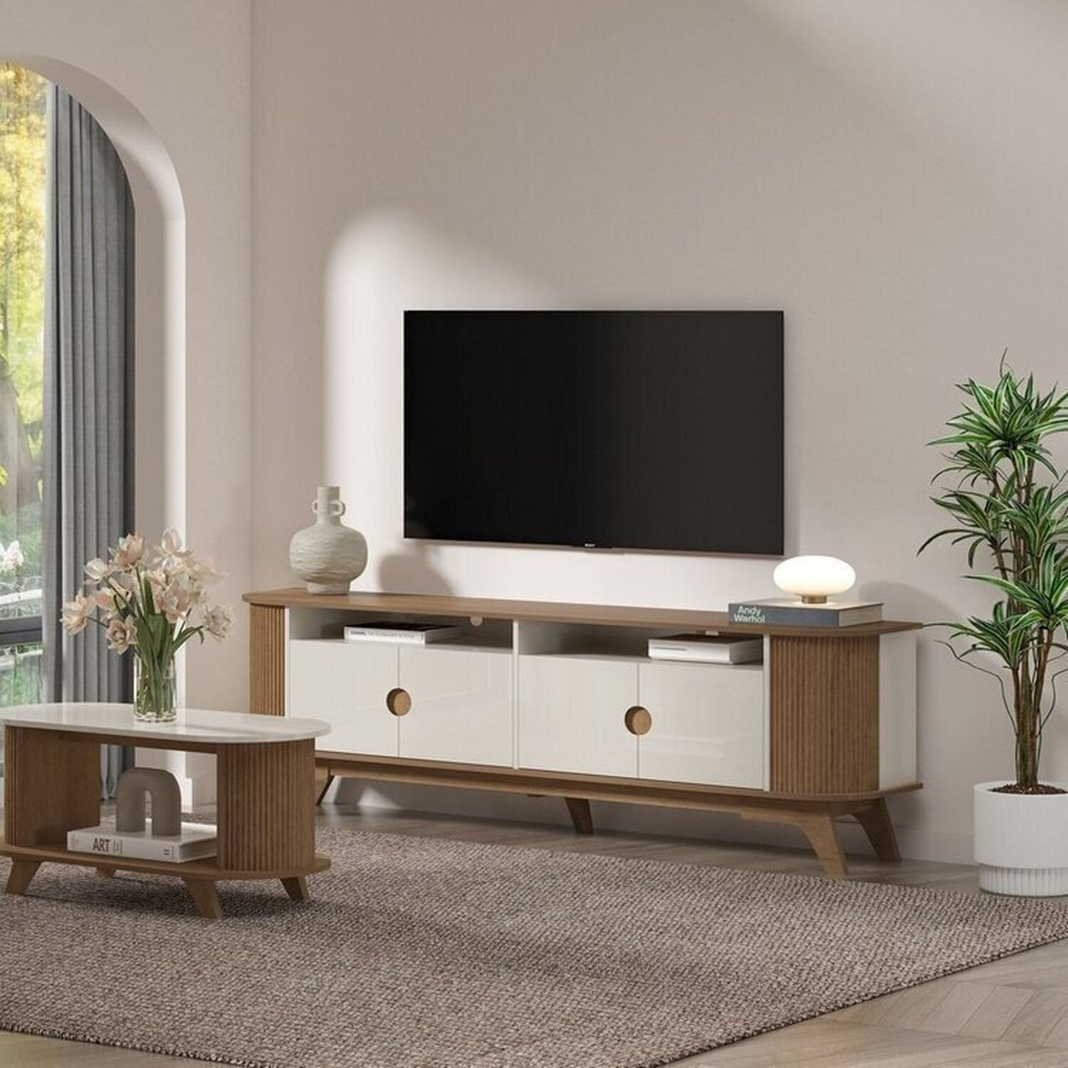 Conjunto Sala De Estar Mesa De Centro E Rack Vivaldi Cinamomo/Off White