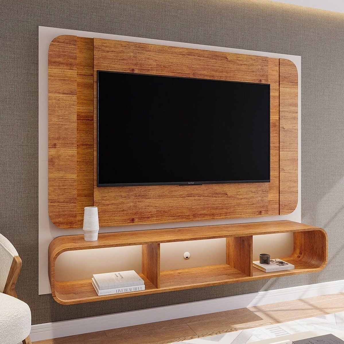 Painel Para Tv Até 75 Polegadas Com Led E Nichos Monet Off White/Mel