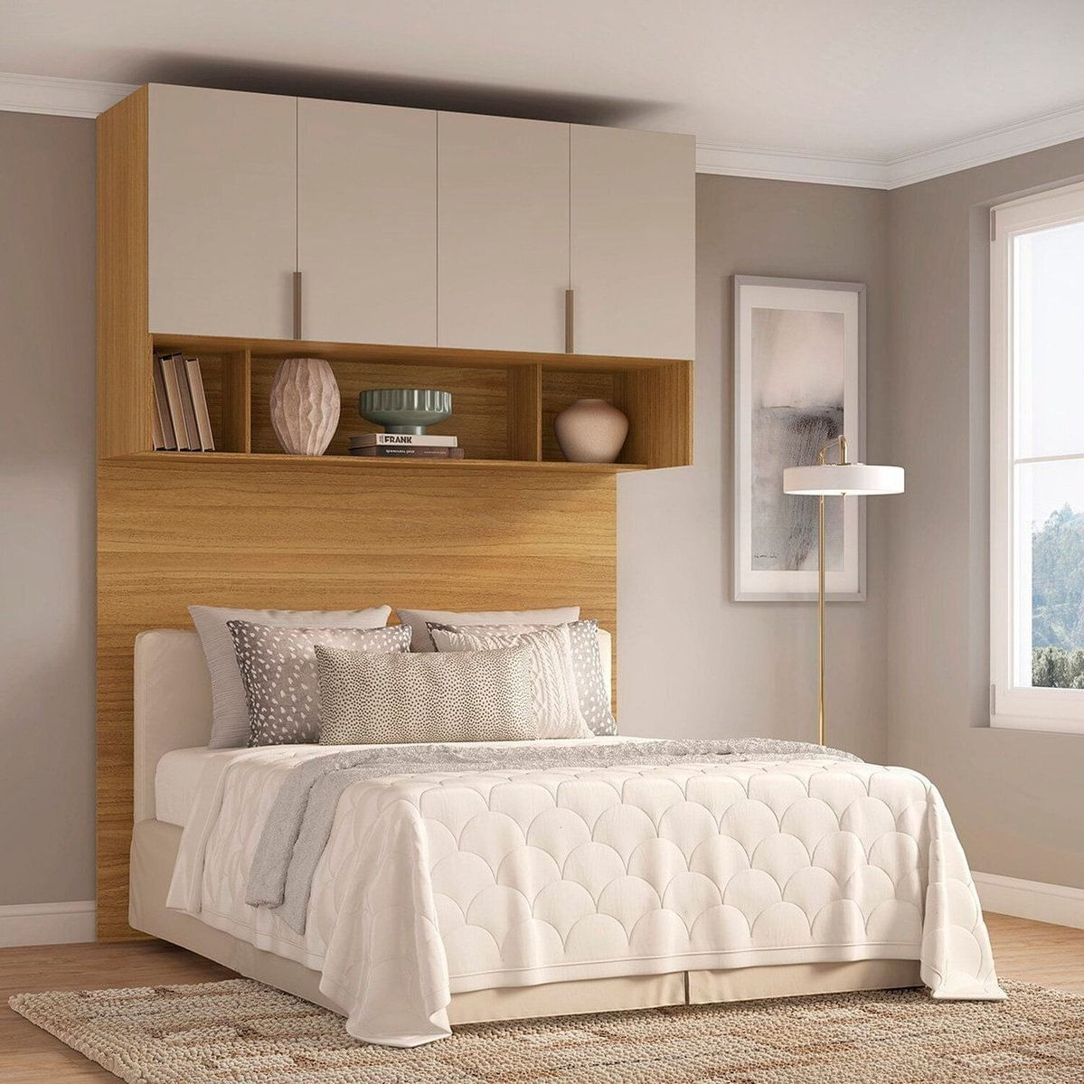 Módulo Aéreo Queen Com Cabeceira 2,40m 100% Mdf Altezza Clean Freijó/off White