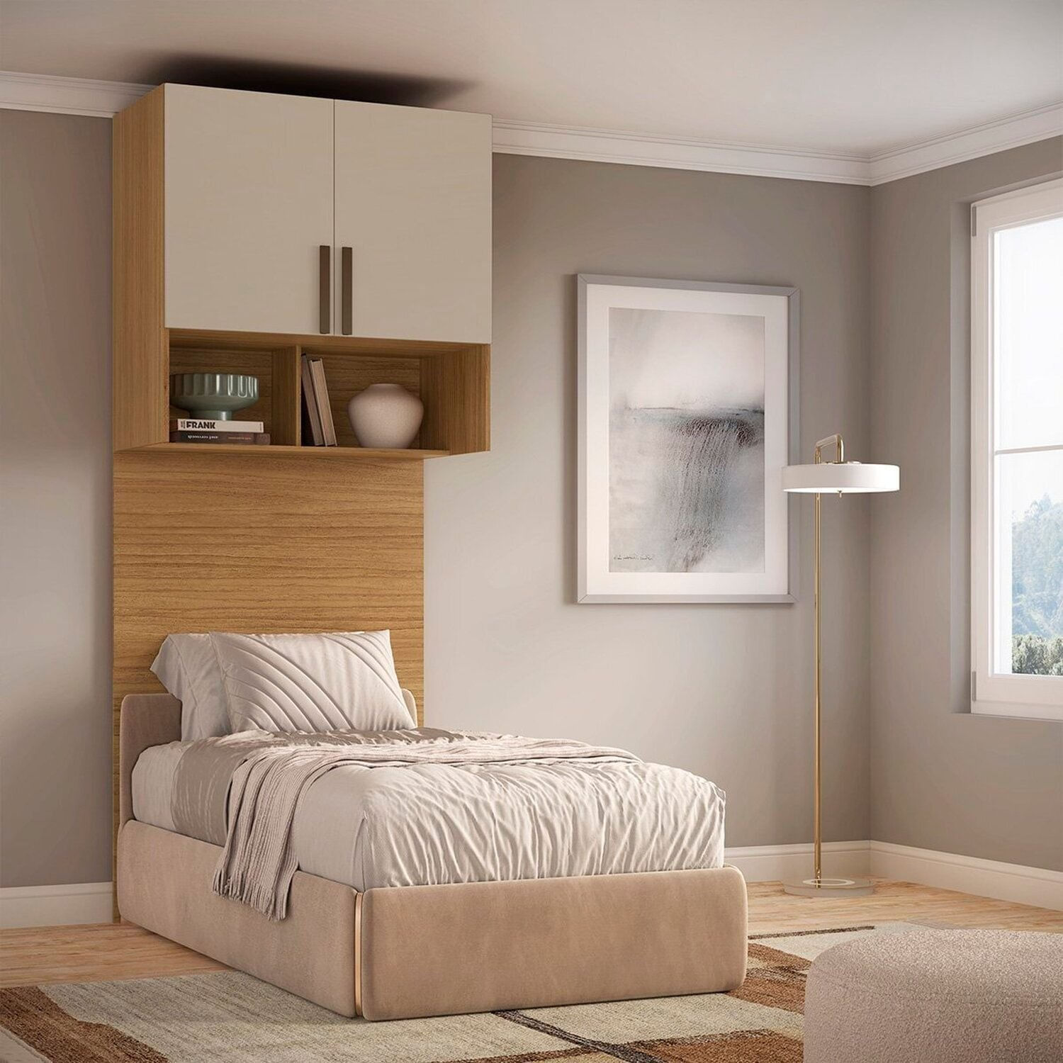 Módulo Aéreo Solteiro Com Cabeceira Trend Mdf Altezza Freijó/Off White