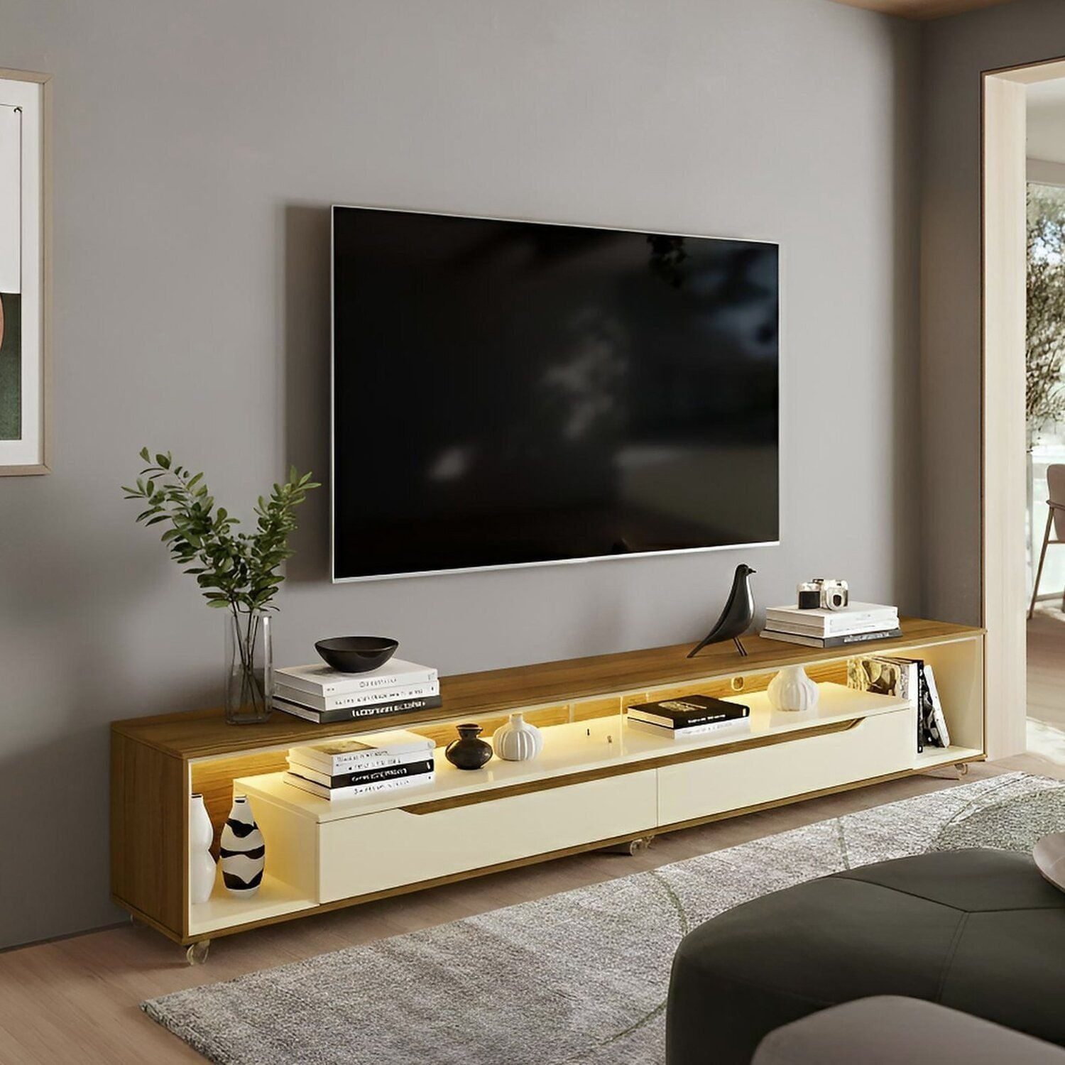 Rack Para Tv Até 70 Polegadas Com Led E Rodízios 220cm Loop Olivar Móveis Cedro Freijó /off White / Bege