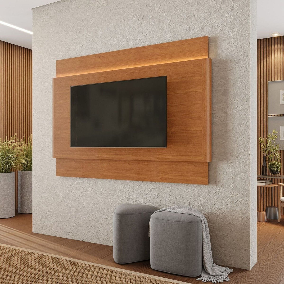 Painel Para Tv Em Mdf Para Tvs De Até 65 Polegadas Com Led 185cm Aros Naturale