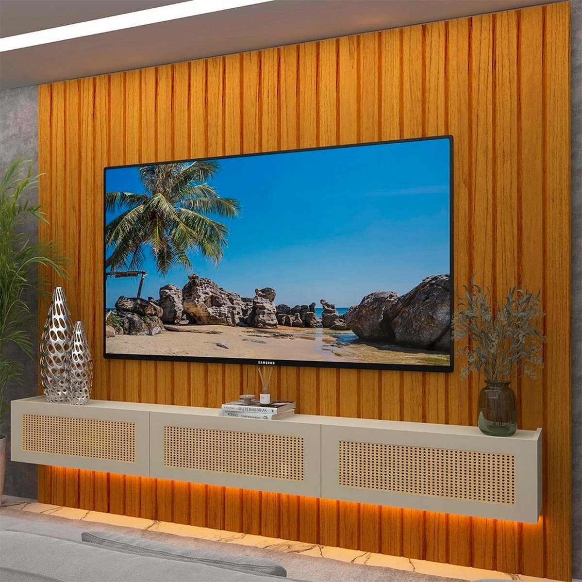 Estante Ripada Para Tv Até 84 Polegadas Com Led 230cm Mdf Majestade/Native Naturale/Off White/Creme