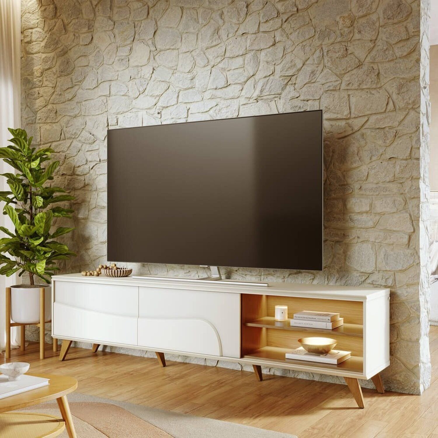 Rack Para Tv 75 Polegadas Com Led Pés Em Madeira Maciça Amalfi Off White Matte / Freijó