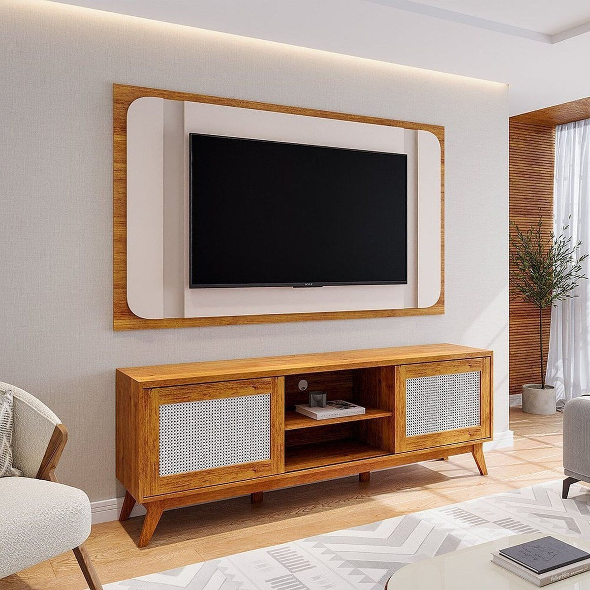 Rack Com Painel Para Tv Até 75 Polegadas Com Palha Natural Moralles Mel/Off White