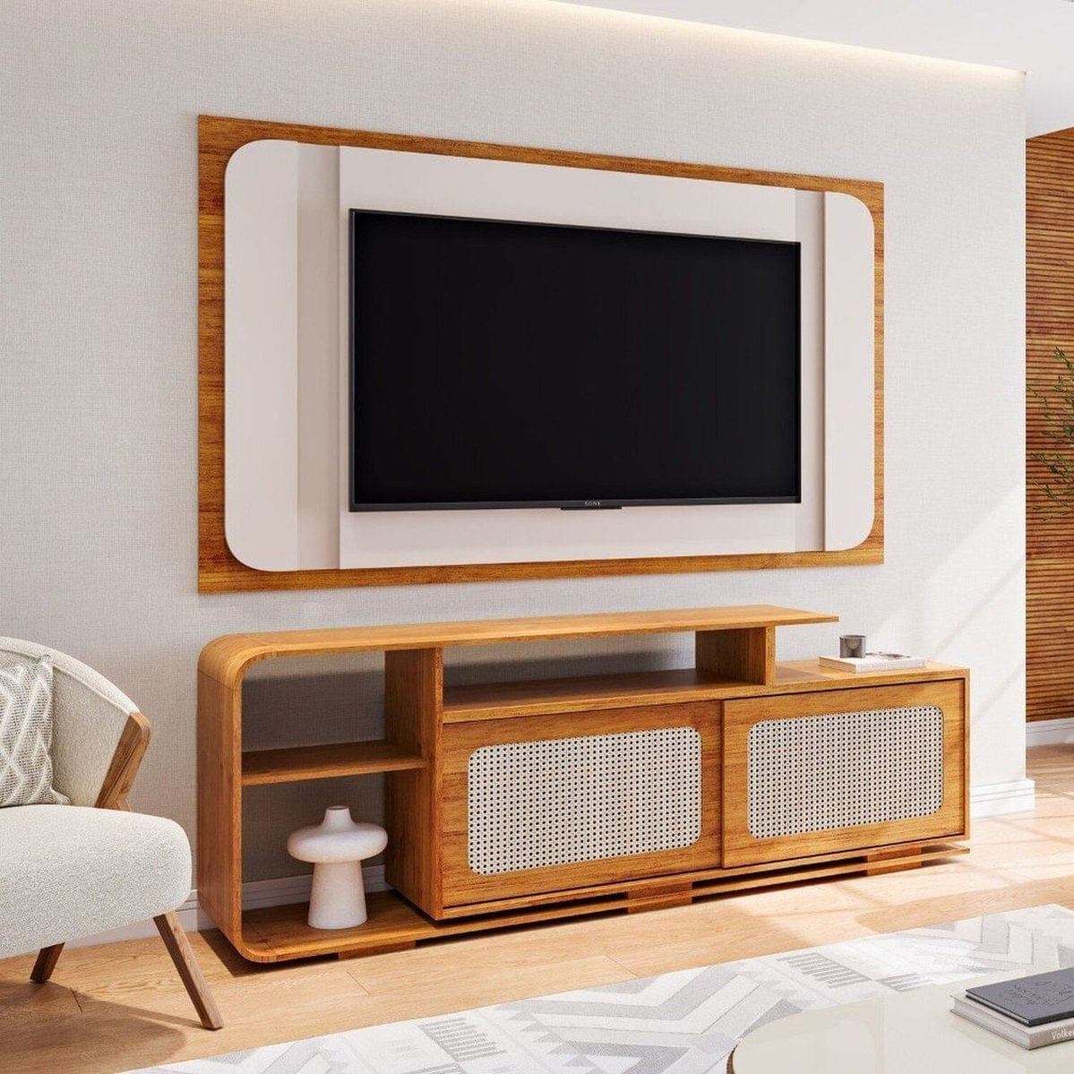 Rack Com Painel Para Tv Até 75 Polegadas Holden Com 2 Portas Deslizantes Mel/Off White