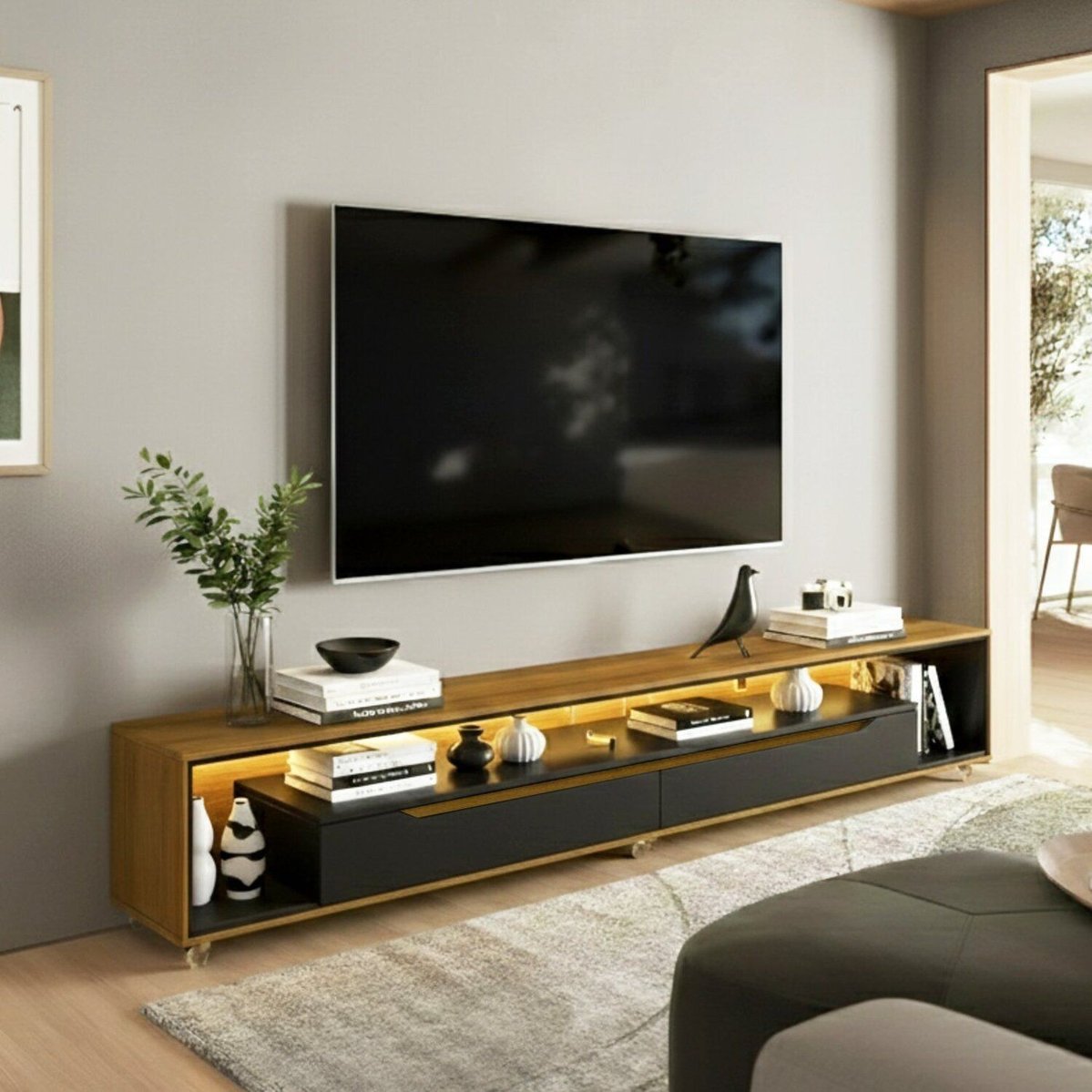 Rack Para Tv Até 70 Polegadas Com Led E Rodízios 220cm Olivar Loop Cedro Frj Ac/ Preto Ac