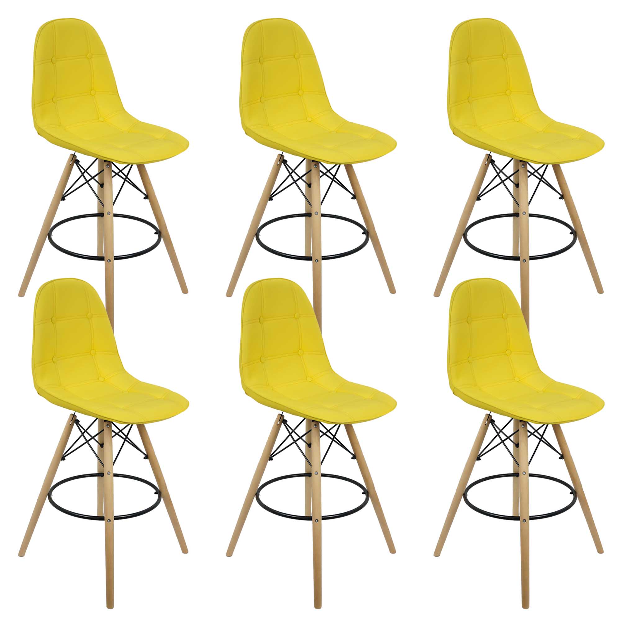Kit 6 Banquetas Botonê Eiffel Assento Couro Base Fixa Madeira