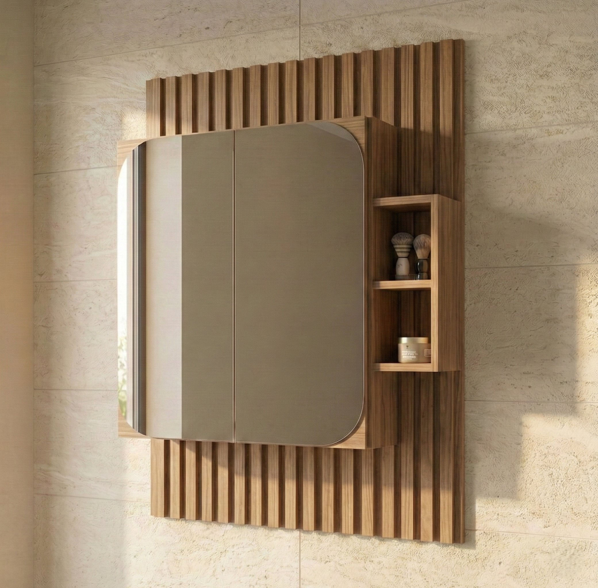 Espelheira Para Banheiro Ripada Com Nichos 80cm Noce