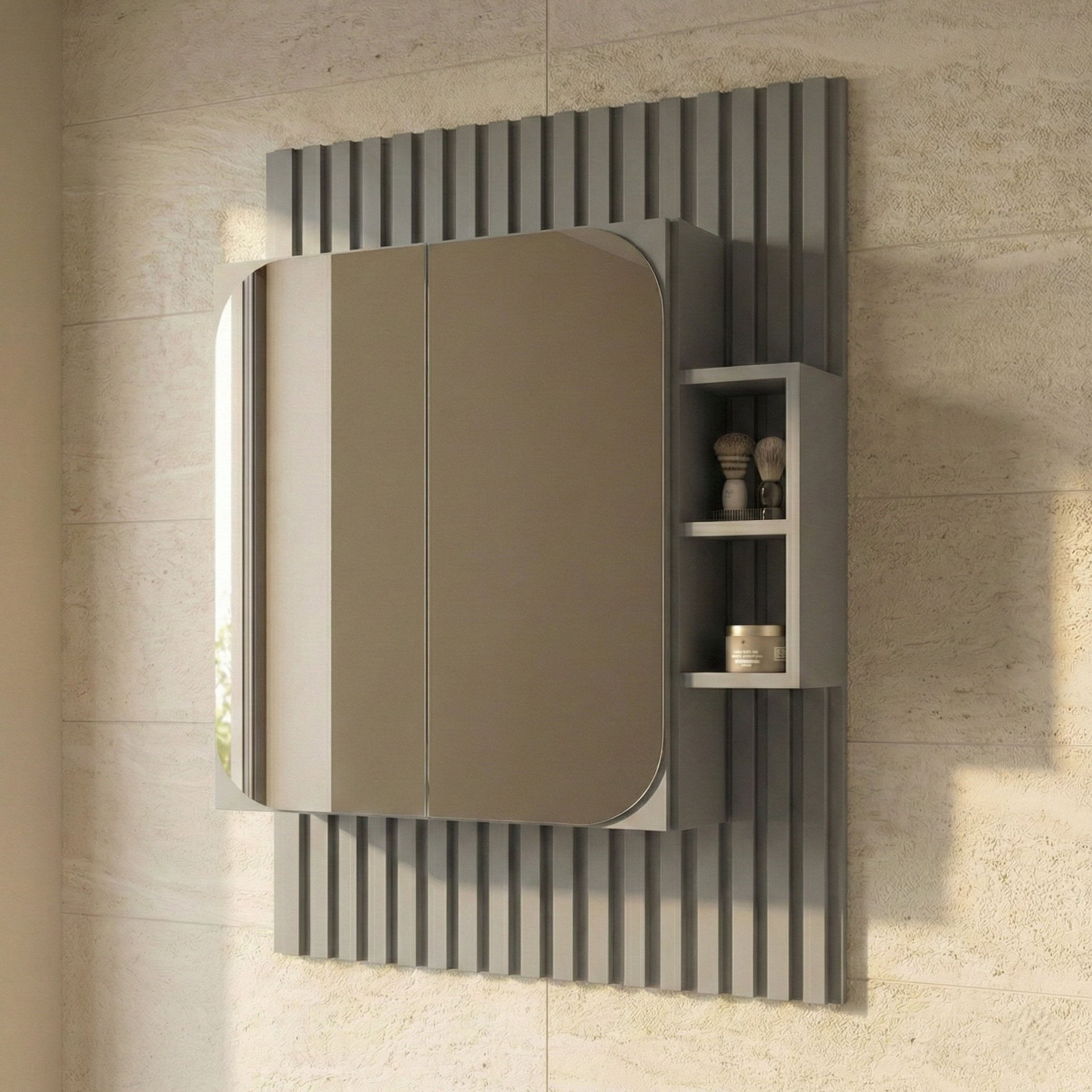 Espelheira Para Banheiro Ripada Com Nichos 80cm Cimento