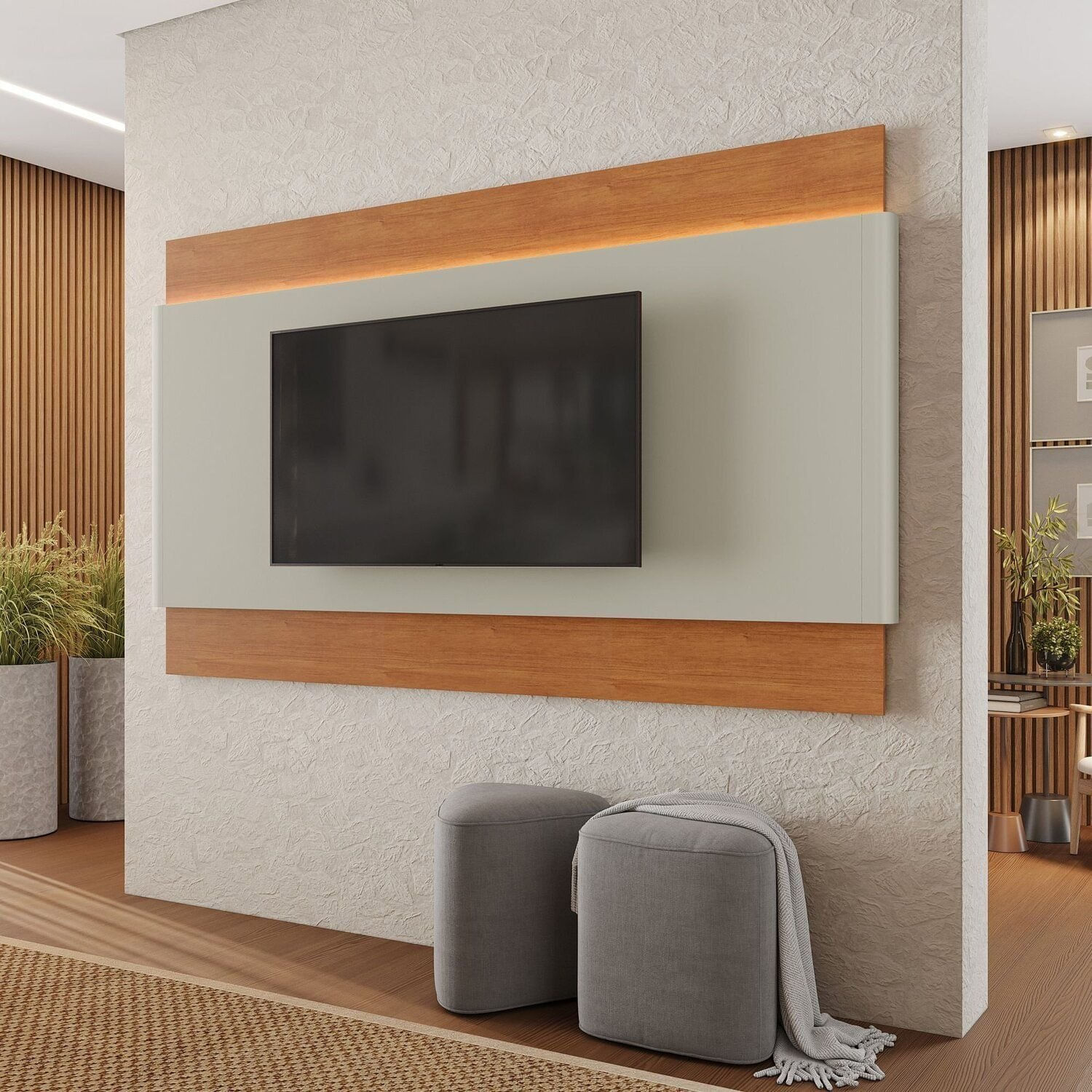 Painel Para Tv Aros Em Mdf 225cm Para Tv Até 65 Polegadas Com Led Naturale/off White