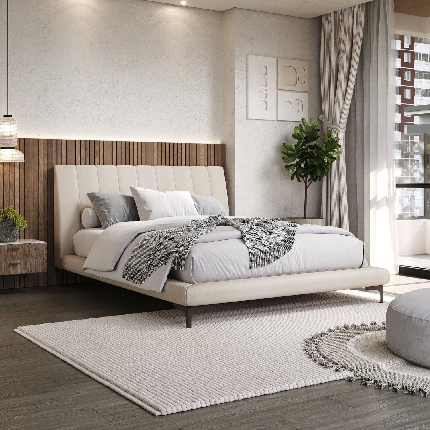 Cama King Estofada Linho Com Cabeceira Moon Bege