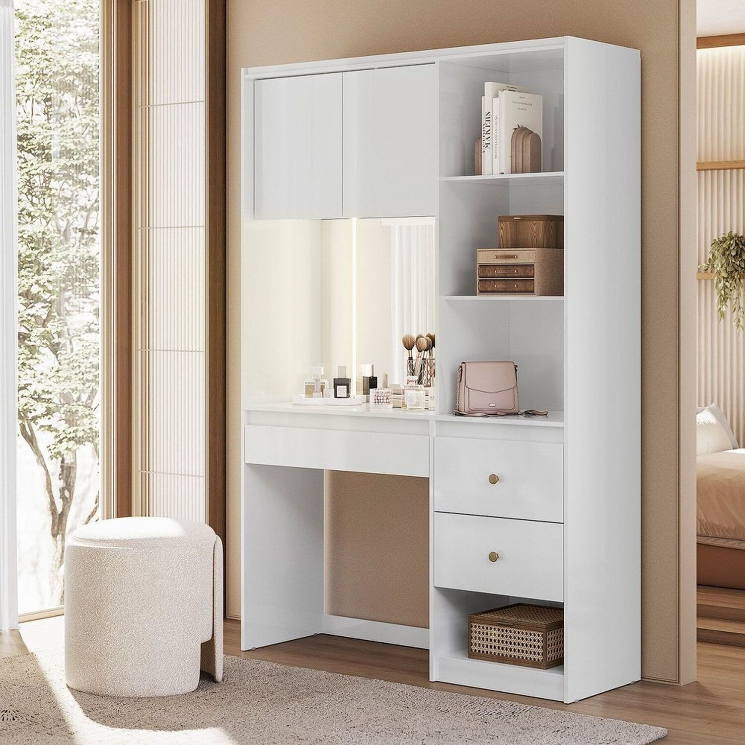 Penteadeira Camarim Multiuso Com Led E Espelho Com 2 Gavetas Lume Branco