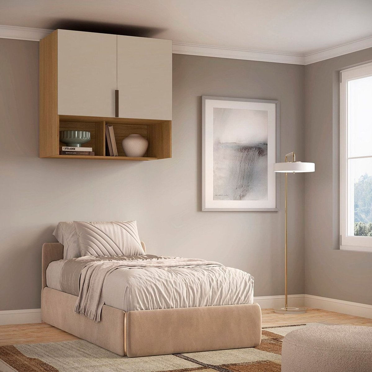 Módulo Aéreo Para Cama De Solteiro Mdf Altezza Freijó/off White