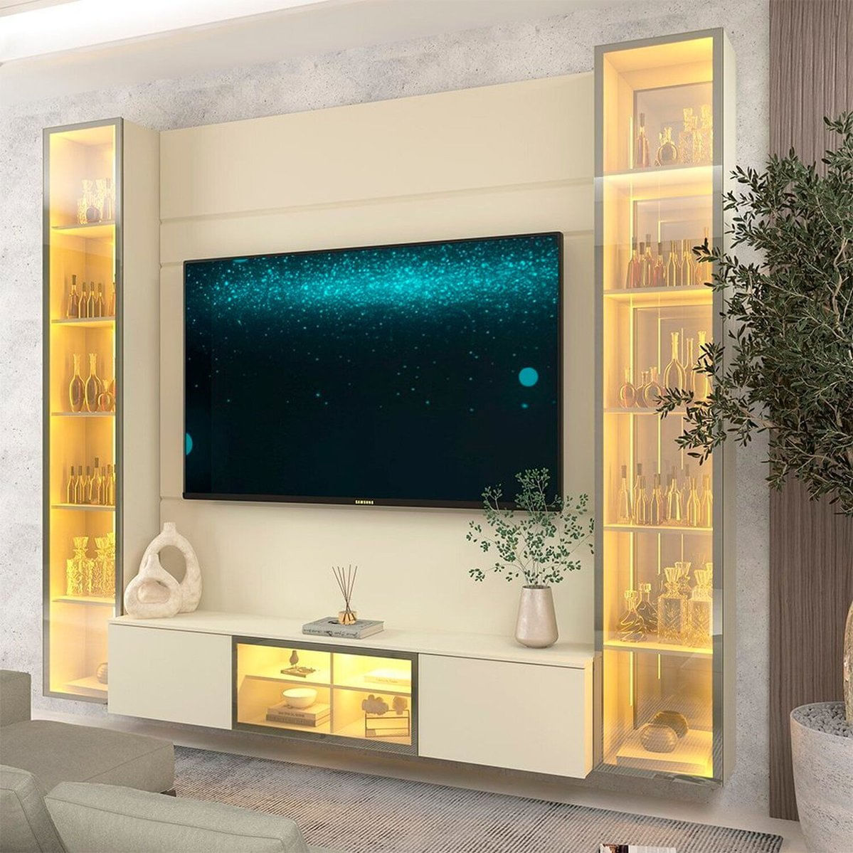 Estante Para Tv 75 Polegadas 100% Mdf Com Led 230cm E Porta Reflecta Luminare Off White